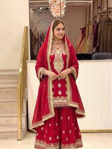 Traje Sharara de Seda con Bordado Rojo Intenso, Conjunto Kurta Dupatta, Ropa Tradicional India y Pakistaní para Bodas y Fiestas para Mujer - Product Image 3