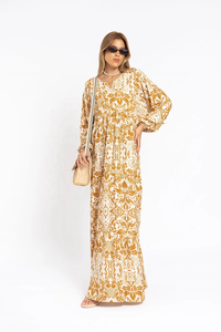 ชุดเดรส caftan พิมพ์ลายสีเหลืองมัสตาร์ดแขนพองสำหรับผู้หญิง - Product Image 4