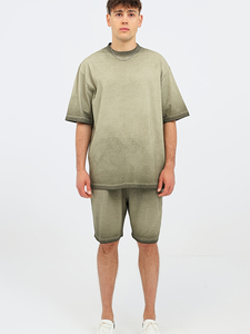 Men's Solid <b>Olive</b> <b>Green</b> Terry Cotton V-neck <b>T</b>-<b>Shirt</b> Shorts Set Casual Summer Wear Breathable Knitted Elastic Waist Custom Logo - Product Image 1