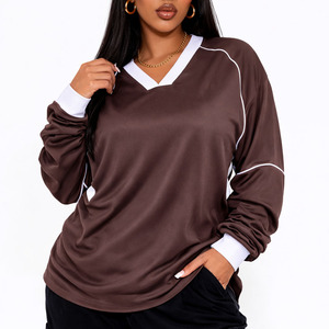 Maillot de football américain oversize marron en maille pour femme, manches longues, respirant, en polyester, style streetwear, avec empiècements contrastants, marque privée - Product Image 4