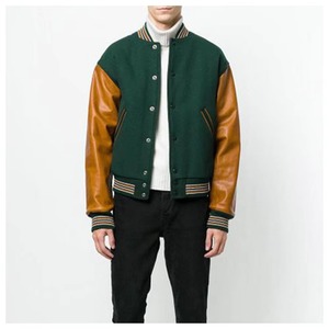 Veste de sport verte pour homme avec manches en cuir marron, col rabattu, style décontracté, vêtements d'automne - Product Image 3