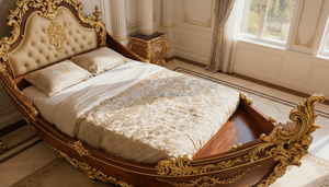 Letto a Forma di <span class=keywords><strong>Galeone</strong></span> Reale di Lusso con Cornice in Legno Intagliato e Finiture Dorate per Villa e Hotel - Product Image 3