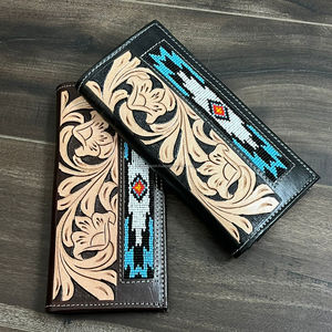 High Quality Wholesale Beaded Slim Woman <b>RFID</b> Genuine Tooled Leather Card Holder Customized Floral Pattern Long <b>Wallets</b> for Men - Product Image 4