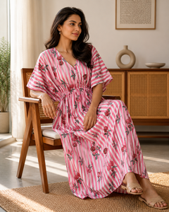 Robe Kaftan en Coton Premium Fait Main Imprimé Floral Blocs de Couleurs Doux Respirant Style Bohème Moderne Longue Maxi Durable Vente en Gros pour Femmes - Product Image 4