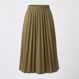 Women Pleated Knee-Length <b>Skirt</b> <b>Elastic</b> <b>Waist</b> Solid Color Polyester Cotton Comfortable All Seasons Style - Product Image 1