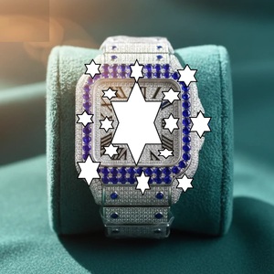 Nouvelle conception, montre mécanique de luxe faite à la main en acier inoxydable, boîtier carré, verre saphir, analogique, fermoir à bouton-poussoir, moissanite bleue - Product Image 1