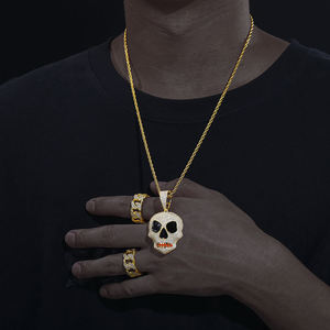 Gold Plated Skull Pendant With Zircon Stones Hiphop Jewelry For Men Alloy Chain Necklace Themed <b>Charm</b> Gift - Product Image 1