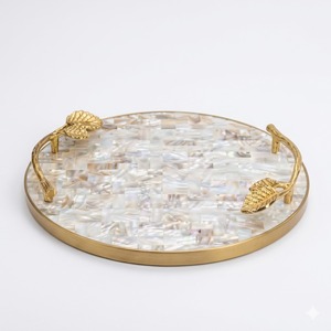 Plateau de service rond en bois laqué, décoratif, avec incrustation de nacre faite à la main, motif feuille verte, pour table basse, pour la maison - Product Image 2