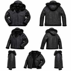 Chaqueta de Cuero Negra Personalizada para Hombre, Chaqueta de Aviador con Capucha de Piel de Oveja, Chaqueta Bomber B3 - Product Image 3