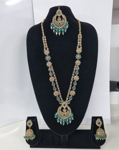 Delicate Floral Antique Gold Plated Kundan Rani Haar <b>Set</b> Long Necklace <b>Beads</b> Traditional Jhumkas 3 Wedding Engagement Party - Product Image 6