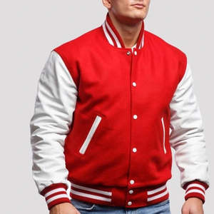 Blouson universitaire homme rouge et blanc, style décontracté, coupe classique, col rabattable, fermeture éclair, en tissu tissé, idéal pour le printemps - Product Image 3