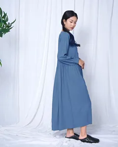 Vestido Maxi Bohemio Azul Cielo con Cuello Redondo, de Algodón y Lino, Manga Larga, Corte Holgado, Botones al Frente, Vestido Maxi Casual de Verano - Product Image 5