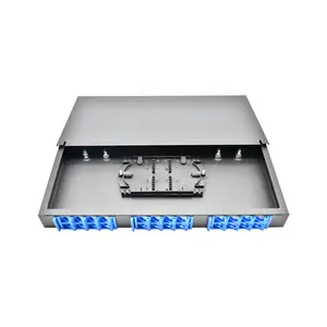 China Supplier FTTH Fiber Optic Distribution Box LC SC ST FC ODF Fixed Drawer 12 24 Ports Patch Panel with Splice Tray Adapter
