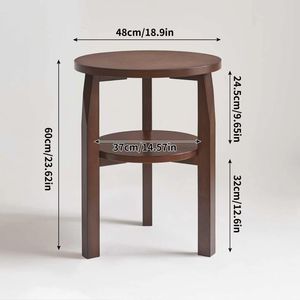 Table d'appoint ronde en bois de caoutchouc massif avec étagère de rangement à 2 niveaux, petite table de chevet pour salon et chambre à coucher - Product Image 5