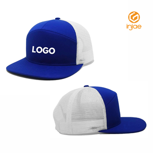 High Quality Plain <b>Navy</b> Blue 7-Panel Snapback <b>Hat</b> Mesh Back Streetwear Style Flat Brim Trucker Cap for Daily Casual Headwear - Product Image 1
