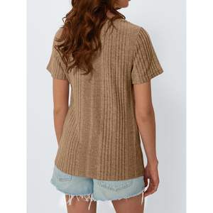 2025 2025 verano Mujer manga corta cuello redondo Tops moda texturizada elegante Casual camisetas para trabajo trajes Logo tejido - Product Image 2