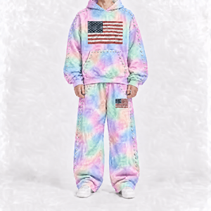 Conjunto de Sudadera con Capucha y Pantalones Deportivos con Estampado de Bandera Americana Rosa, con Perlas, Estilo Urbano, Unisex, para Adultos, Otoño, Manga Larga, Corte Holgado, Pantalones Deportivos de Algodón - Product Image 5