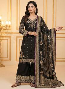 Vestido Largo Negro para Mujer, con Bordado Dorado, para Salwar Kameez, Tradicional Indio Pakistaní, para Bodas y Fiestas - Product Image 3