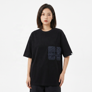 Men's Oversized Black Cotton T-<b>Shirt</b> With Contrast <b>Pockets</b> Short Sleeve O-Neck Casual Jersey Fit - Product Image 3