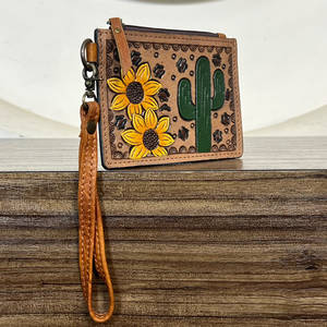 Porte-cartes unisexe en cuir de vachette véritable, nouveau design, motif tournesol et cactus, mini pochette zippée style bohème - Product Image 3