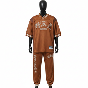 Ensemble de pantalon et maillot en mesh polyester respirant pour homme, 180 GSM, vêtements de sport, panneau contrastant marron, logo brodé personnalisé, ensemble 2 pièces pour homme - Product Image 4