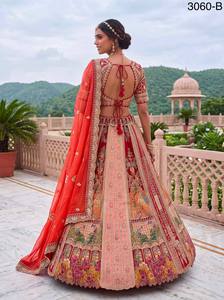 Beige Floral Print Embroidered Georgette <b>Lehenga</b> Choli Dupatta Floor Length Bridal Wear 3054-A V-Neck Sleeveless A-Line Classic - Product Image 6