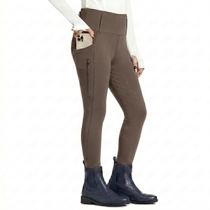 Leggings de equitación de cintura alta para mujer, largos, de punto, de spandex y poliéster, con cintura elástica y bolsillos con cremallera, color sólido granate - Product Image 6