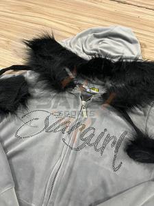 Wholesale <b>Women</b> Rhinestone <b>Velour</b> <b>Tracksuit</b> Zip Up Crop Hoodie With Faux Fur Trim - Product Image 4