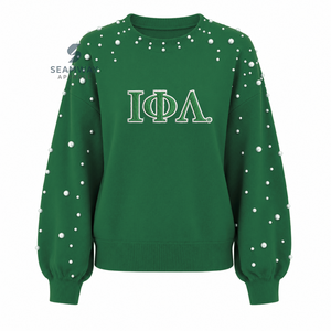 Sweat-shirt décontracté en molleton de coton pour femme Iota Phi Lambda, orné de perles, col rond, avec lettres grecques brodées, pour sororité - Product Image 1