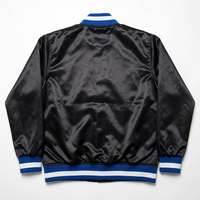 Blouson Bomber Satiné Noir Brillant pour Homme, Col Côtelé Noir Bleu Blanc, Boutons Pression, Style Baseball Letterman Streetwear Personnalisé