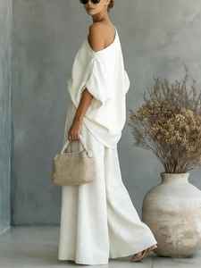Womens Minimalist One Shoulder <b>Linen</b> CoOrd <b>Set</b> Relaxed Top & Harem Pants - Product Image 1