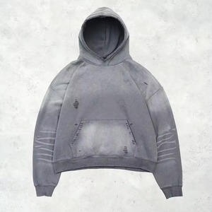 ผู้ผลิตเสื้อฮู้ดดี้ขนาดใหญ่ ปักลายแบบดิสเทรส ล้างสีแบบแอซิดวอช วินเทจ สโตนวอช ทรงบ็อกซี่ ไหล่ตก MOQ 10 ตัว - Product Image 4