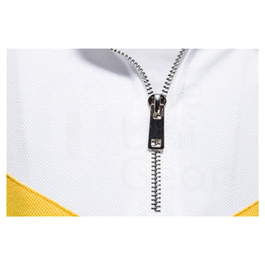 Polo de Manga Corta Blanco para Hombre con Cierre y Rayas Geométricas Amarillas y Azul Marino, Diseño Casual de Punto - Product Image 5