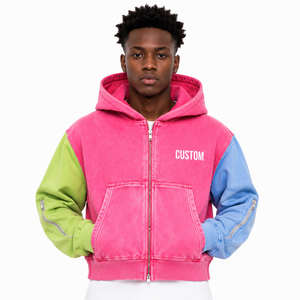 Bright Pink Acid Wash Color Block Hoodie Full <b>Zip</b> Heavyweight Cotton Oversized <b>Hooded</b> Sweatshirt Private Label OEM ODM Supplier - Product Image 1