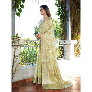 Sari Patola en organza vert pistache tissé Zari pour femme, collection Elite Weaves, idéal pour les mariages, en stock - Product Image 2