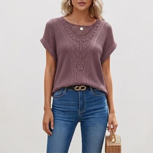 เสื้อถักไหมพรมแขนทรงปีกค้างคาว คอวี สีพื้น ระบายอากาศได้ดี เหมาะสำหรับฤดูร้อน สีฟ้าอ่อน ผ้าฝ้ายถักโครเชต์ สไตล์ลำลองสำหรับผู้หญิง - Product Image 4