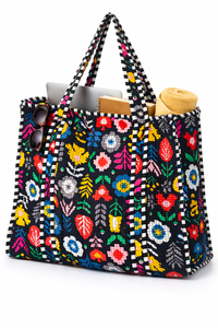 Quilted Jaipuri Bohemian Style Hand Block Print Tote <b>Bag</b> Zipper Closure 18 Inch All Seasons Use HappyKraft Women's <b>Beach</b> <b>Bag</b> - Product Image 2