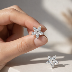 Pendientes de Diamantes con Forma de Flor y Diez Marquesas, Elegantes para Bodas, Fiestas y Uso Diario, Plata de Ley 925 Hipoalergénica, Brillantes - Product Image 3