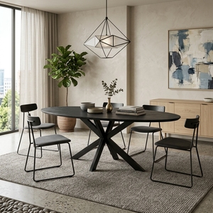 Mesa de Comedor Moderna Ovalada de Madera Maciza Negra con Patas Cruzadas Tipo Araña, Mueble Contemporáneo para Cocina o Comedor, Mesa Central Grande - Product Image 2