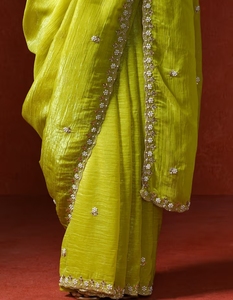 KV Green Embellished <b>Satin</b> Silk Beads and Stones <b>Saree</b> With Unstitched Blouse - Product Image 5