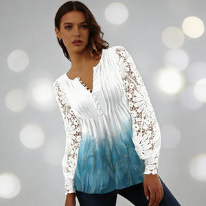 Oferta especial en Temu: Blusa elegante con mangas de encaje degradado, cuello en V y botones, estilo casual para conjuntos de primavera y verano. - Product Image 4