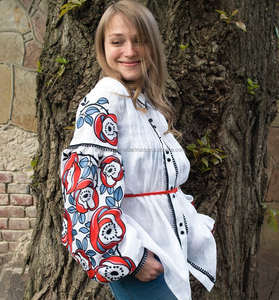 Elegante vestido de mujer de algodón blanco patrón ucraniano bordado cuello en V cuello largo Casual Vestido corto tamaño borla cremallera - Product Image 4