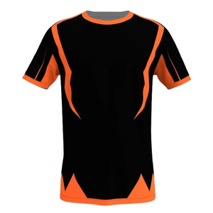 T-shirt à manches courtes à capuche noir pour homme avec bordure contrastée orange, motif à motifs, tricoté, coupe classique, style décontracté - Product Image 1