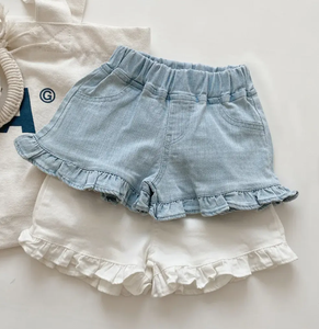 Shorts Bermuda Blancs à Volants pour Filles, Taille Haute Décontractée avec Élastique et Poches, Couleur Unie, en Coton Tissé - Product Image 5