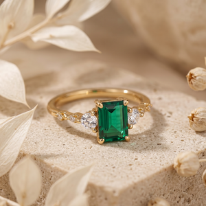 แหวนหมั้นทองคำขาว 14K ประดับเพชรสามเม็ด 1.50 กะรัต ทรงเหลี่ยมมรกตสีเขียว ประดับเพชรด้านข้าง - Product Image 2