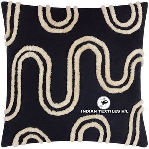 Indian Textiles H/L Tufted Geometric Throw <b>Pillow</b> <b>Square</b> Bohemian Decorative Cushion Cover Navy Blue Cream Embroidery - Product Image 1