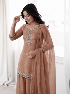 Pure Salsa Silk Kundan Sequence Embroidery Kurti Set With Micro Cotton Lined Palazzo <b>Pant</b> And Lace Dupatta For Women QO 1072 - Product Image 5
