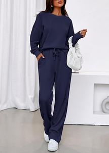 Ensemble 2 pièces en tricot bleu marine pour femme, sweat-shirt à col rond et pantalon large, coupe décontractée, pour toutes les saisons, à porter au quotidien - Product Image 2