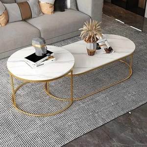 Modern Oval Coffee <b>Table</b> Marble Look Top Iron Coffee Center <b>Table</b> Gold Metal Living Room Furniture - Product Image 1