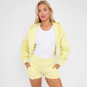 Ensemble 2 pièces en polaire pour femme, haut court à capuche et short, couleur unie, vêtements de sport décontractés, coupe ample, manches longues, printemps-été - Product Image 5